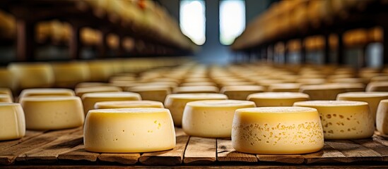 Selective focus on the ripening cellar in the Minas Gerais state countryside of Brazil where familiar industry turns cheese into delicious perfection - obrazy, fototapety, plakaty