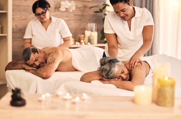 Massage, senior and a couple at the spa to relax on their anniversary together for peace, wellness...