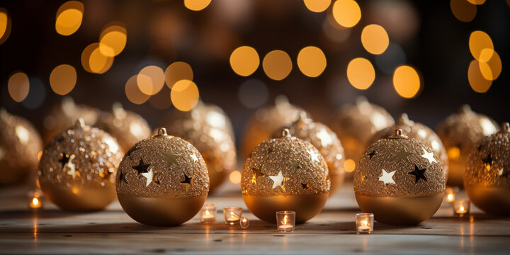 Funkelnde goldene Weihnachtskugeln mit wundersch&ouml;nen Lichter Bokeh im Hintergrund im Querformat f&uuml;r Banner, ai generativ