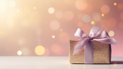 Golden gift present on a light soft pastel pink background with colorful bokeh and stars glittering