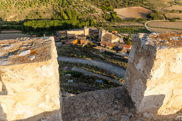 Curiel de Duero, Spain - October 12, 2023: aerial view of the town from the top of the town castle tower in Curiel de Duero, Spain - obrazy, fototapety, plakaty
