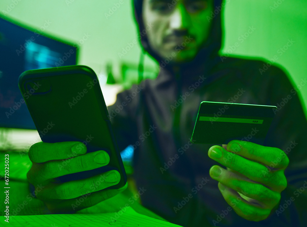 Poster man, phone or hacker with credit card for scam, online fraud or cybersecurity crime at night on dark