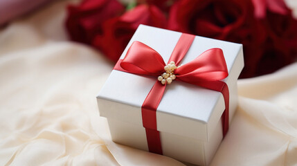 White gift box with red ribbon