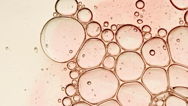 Bubble cluster, cells under a microscope. Transparent cosmetic gel fluid with molecule bubbles oil distribution. Macro Shot of Natural Organic Cosmetics, Medicine. Production Close-up. Slow Motion. 