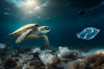Obraz na płótnie Canvas AI generated illustration of A green sea turtle swimming in a deep, blue ocean