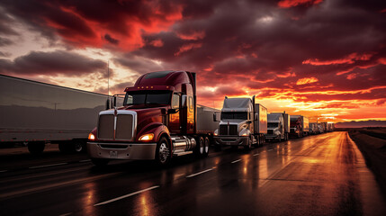 Commercial trucks and trailers on scenic highway at sunset - obrazy, fototapety, plakaty