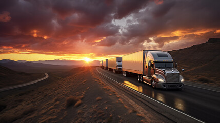 Commercial trucks and trailers on scenic highway at sunset