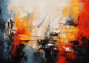 abstract painting on a canvas in orange, black and white