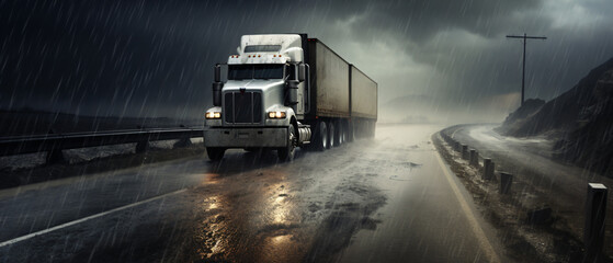 Truck on Wet Road in Heavy Rain Under Cloudy Sky.