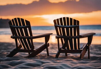 Fototapeta premium AI generated illustration of wooden chairs on a sandy beach at sunset