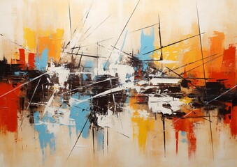 an abstract painting with orange, white and blue colors on it