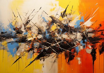 a large abstract painting in black and orange colors with white