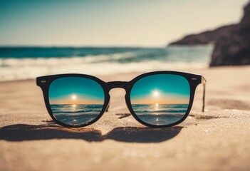 AI generated illustration of a stylish pair of sunglasses on a sun-kissed sandy beach - obrazy, fototapety, plakaty