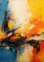 abstract painting with oranges and blue hues on a white background