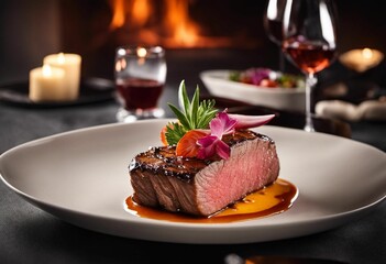 AI generated illustration of a plate of steak, accompanied by fresh vegetables - obrazy, fototapety, plakaty