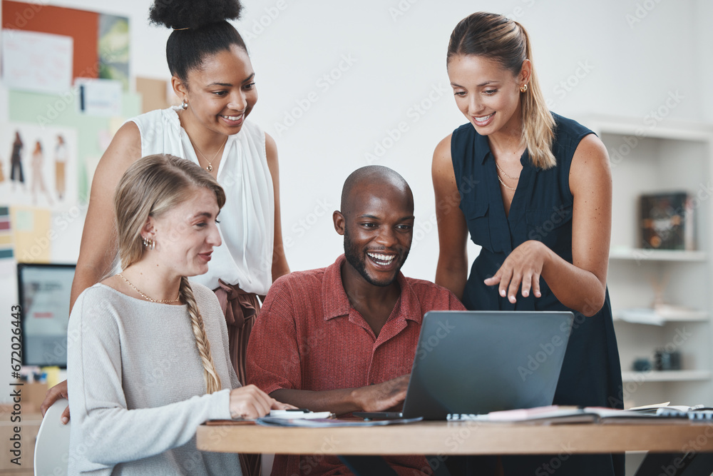 Poster collaboration, diversity and team working with laptop on a project together in the office. teamwork,