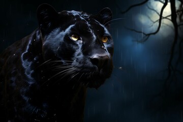 AI generated illustration of a black panther under the moonlight