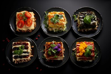 AI generated illustration of plates of delicious lasagna with various toppings