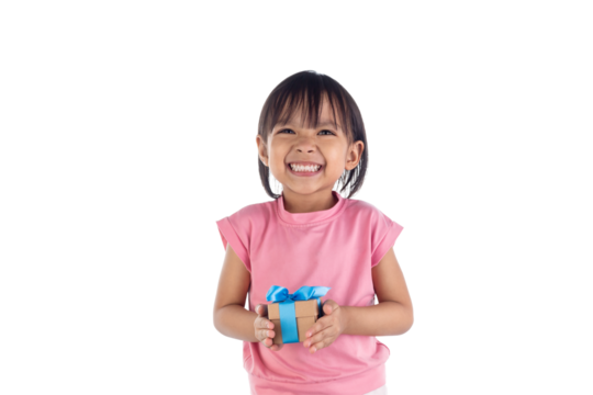Young Asian girl's hands holding a gift box isolated on white background with clipping path.