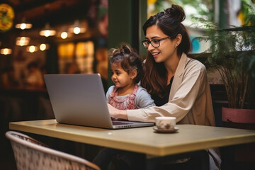 little girl using laptop with mother