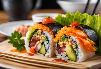 Closeup shot of delicious pieces of sushi rolls, AI-generated.
