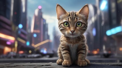 AI generated illustration of an adorable cartoon cat sitting on a sidewalk in a bustling city