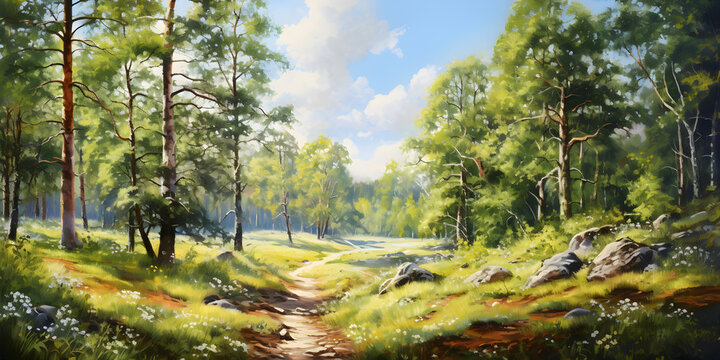 scenic painting of the woodland landscape, a picturesque forest environment in natural colours