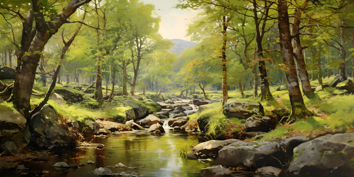 scenic painting of the woodland landscape, a picturesque forest environment in natural colours