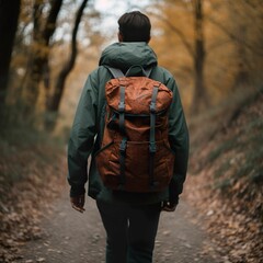AI generated illustration of a person with a backpack traveling along a pathway in the forest
