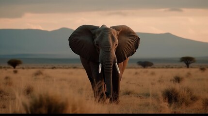 Fototapeta na wymiar AI generated illustration of an elephant against a stunning dusky sky, walking through a desert