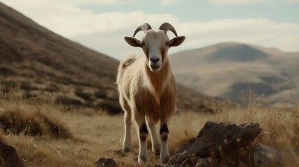 Obraz premium AI generated illustration of a white goat near a rocky ridge overlooking a lush green valley