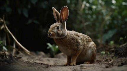 Fototapeta premium AI generated illustration of a brown rabbit on the dirt on the ground, surrounded by green grass