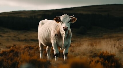 AI generated illustration of a white cow in a lush green pasture, rural landscape in the background