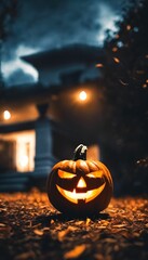 AI generated illustration of a close-up of an illuminated carved pumpkin illuminated at night