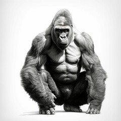 AI generated illustration of an adult gorilla with his hands on the ground on the white background