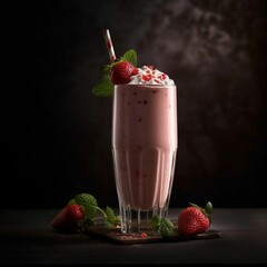 AI generated illustration of a mouth-watering strawberry milkshake topped with whipped cream