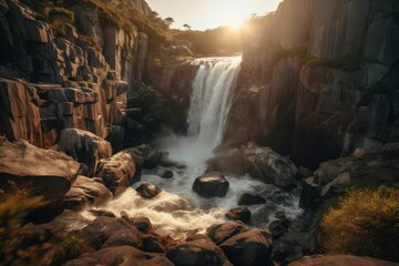 AI generated illustration of a cascading waterfall, falling into a raging rocky river below - obrazy, fototapety, plakaty