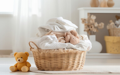 Fototapeta na wymiar Stack of different cloths in wooden basket