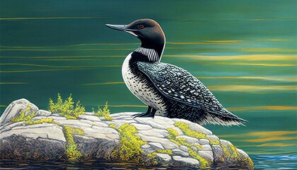 AI generated illustration of a colorful loon perched atop a small rock in a tranquil body of water