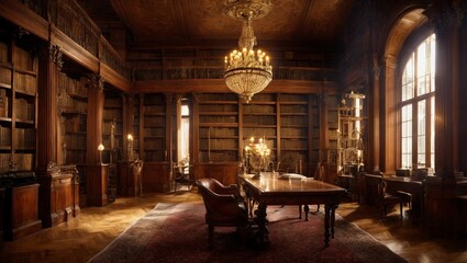 Fototapeta premium Opulent library with wooden bookshelves, and an antique chandelier, AI-generated.