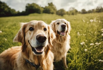 AI generated illustration of two beautiful golden retrievers lounging in a lush green grassy park