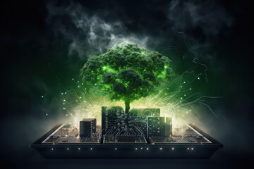 Tree growing on the converging point of computer circuit board.