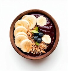 AI generated illustration of a wooden bowl of acai with fresh fruits and berries