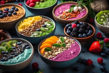 AI generated illustration of a healthy breakfast of smoothie bowls filled with fresh fruits