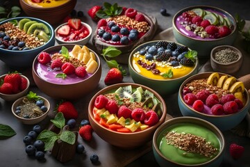 Fototapeta na wymiar AI generated illustration of a healthy breakfast of smoothie bowls filled with fresh fruits