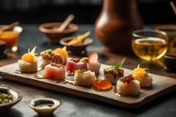 Fototapeta na wymiar AI generated illustration of sushi arranged on a wooden board