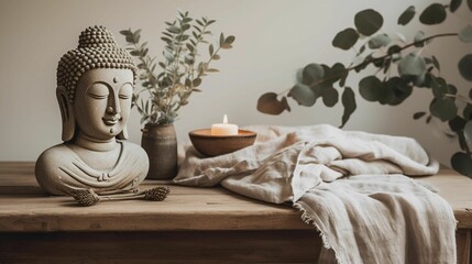 AI generated illustration of a wooden table featuring a bust of Buddha and other spiritual objects