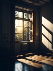 AI-generated illustration of a sunlit room with a wooden floor.