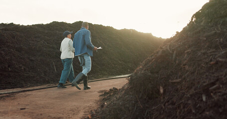 Woman, farmer and compost or business talking for agriculture company, plant growth or paperwork....