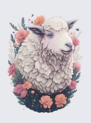 AI generated illustration of sheep with flowers on white background